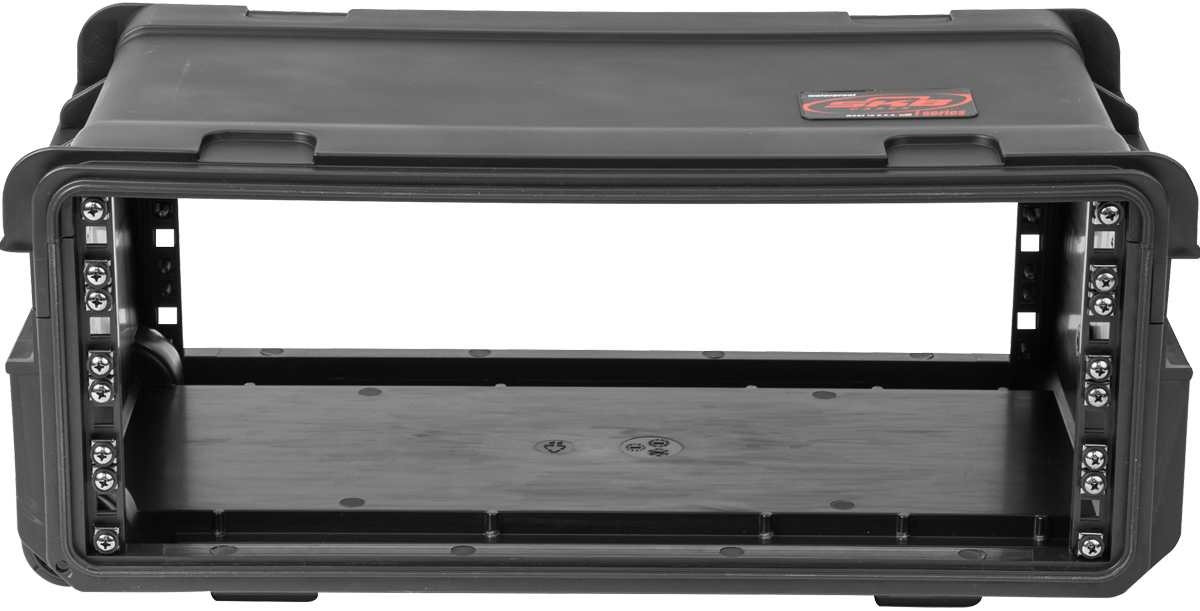 Front view of Compact Rack with Wheels showing rack rails and molded design for secure equipment mounting and protection.