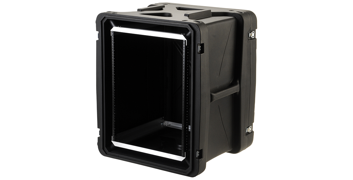 Angled view of 20-Inch Deep Shock Rack Case with lightweight design and reinforced corners for secure transport of rackmount equipment.