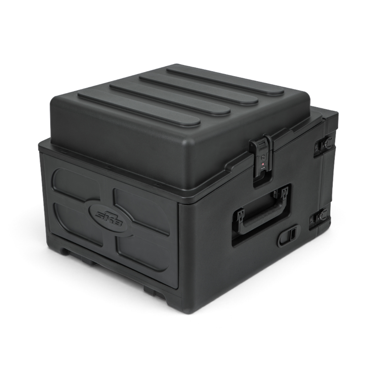 Rolling compact rig with closed lid and side handles. Features TSA-approved latches and rugged design for travel-ready audio transport.