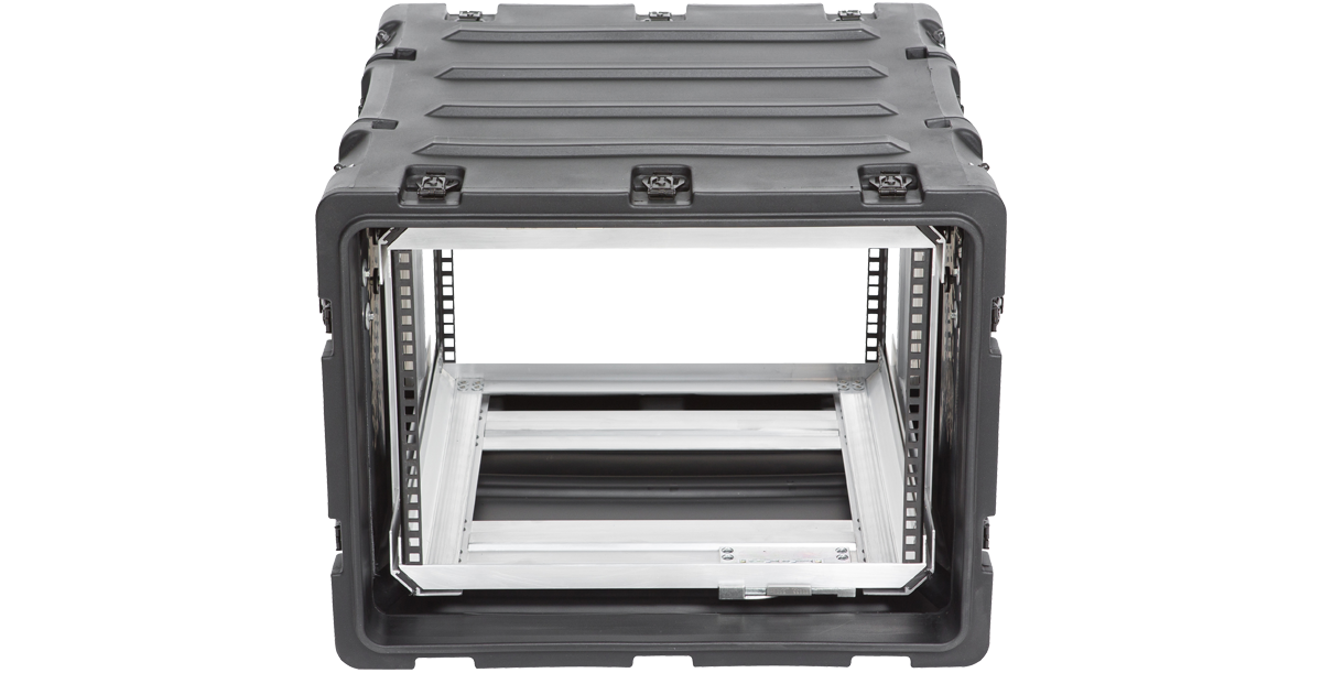 Straight-on front view of 20-inch Shock Rack Case showing internal rails and shock-mounted frame for electronics safety.