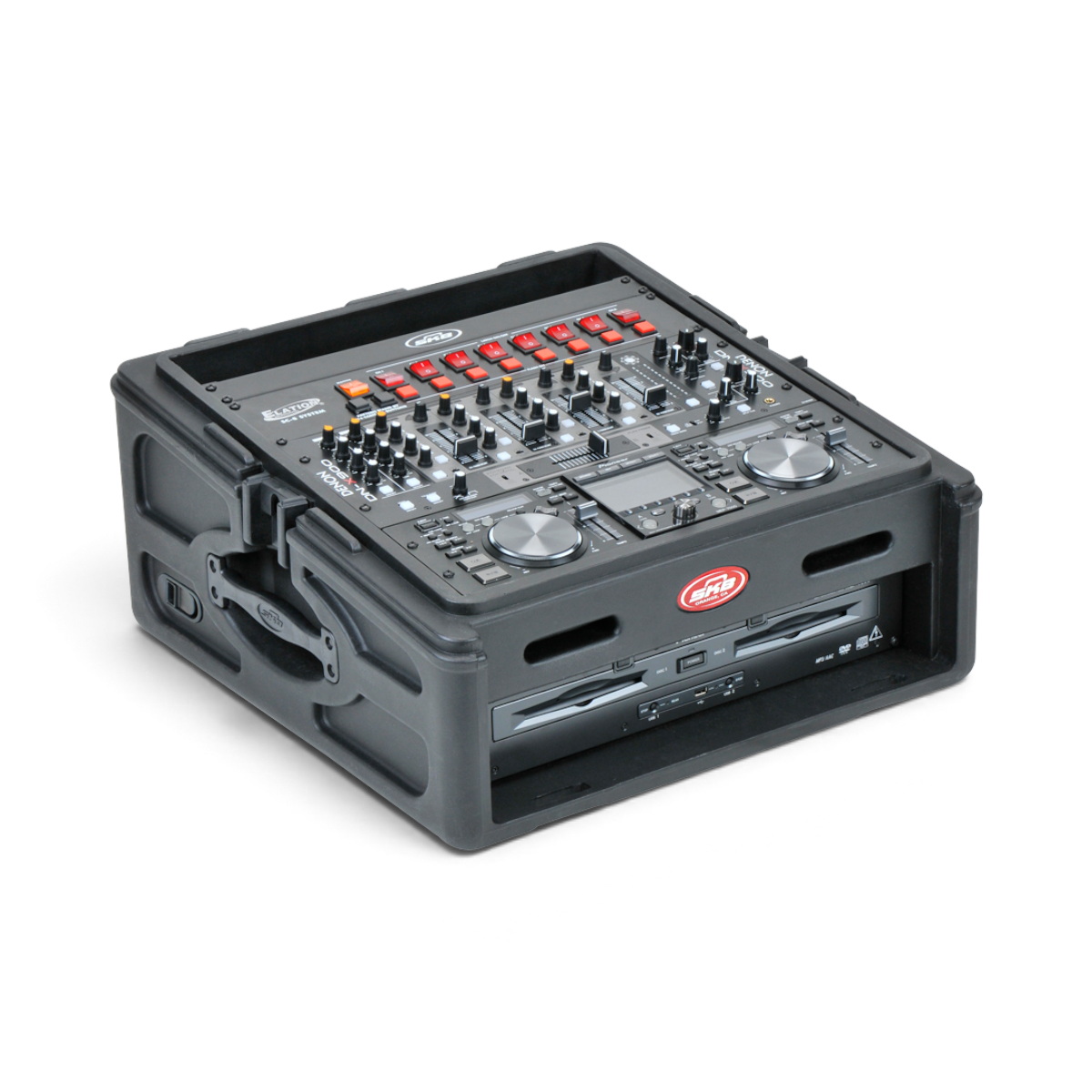 Angled top view of 10 x 2 compact rack case with DJ controller and dual CD decks, built for pro audio use and travel durability.