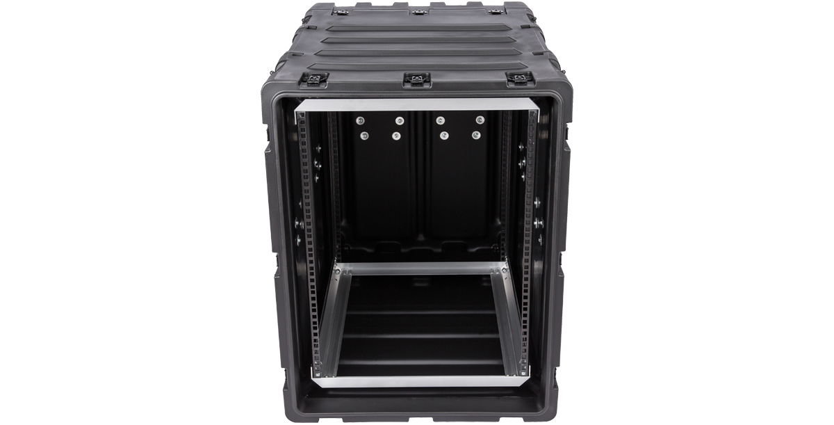 Straight front view of 24-Inch Shockproof Rack Case - Electronics Protection, featuring MIL-STD 810H compliant construction and rack mount rails.