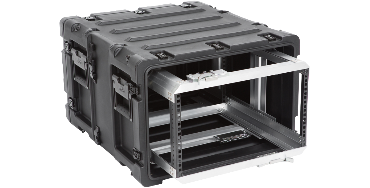 Side angle of 6U RR Series Rack - 20-inch Deep Shock Rack with open front and visible shock-mounted rack frame.