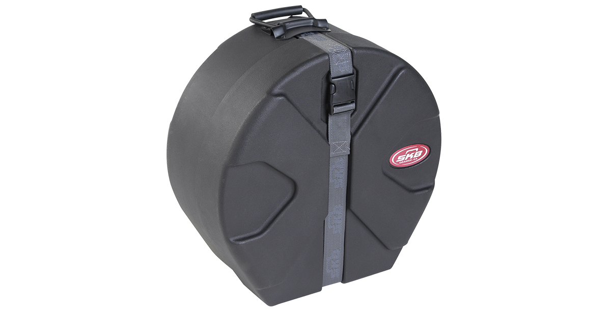 Angled view of 5 x 13 durable snare drum case showcasing rugged roto molded shell and reinforced strap for reliable stacking and travel.
