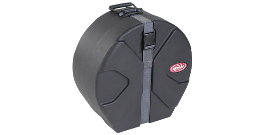 Angled view of 5 x 13 durable snare drum case showcasing rugged roto molded shell and reinforced strap for reliable stacking and travel.