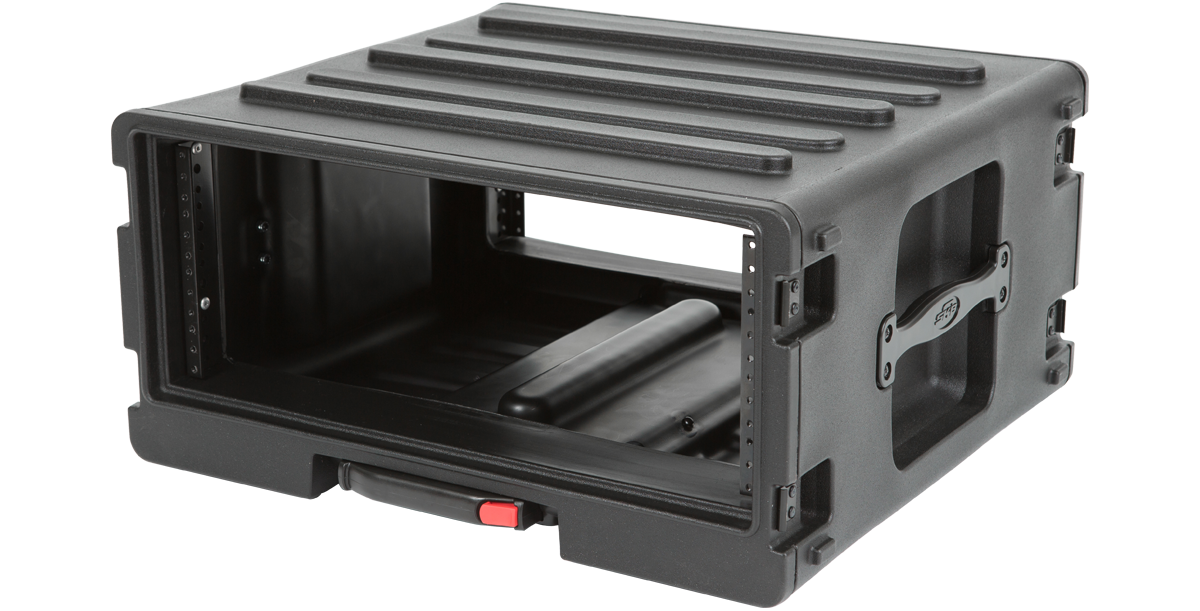 Angled rear view of SKB 4U rSeries Roto Rolling Rack, showing internal rack rails and durable roto-molded shell.