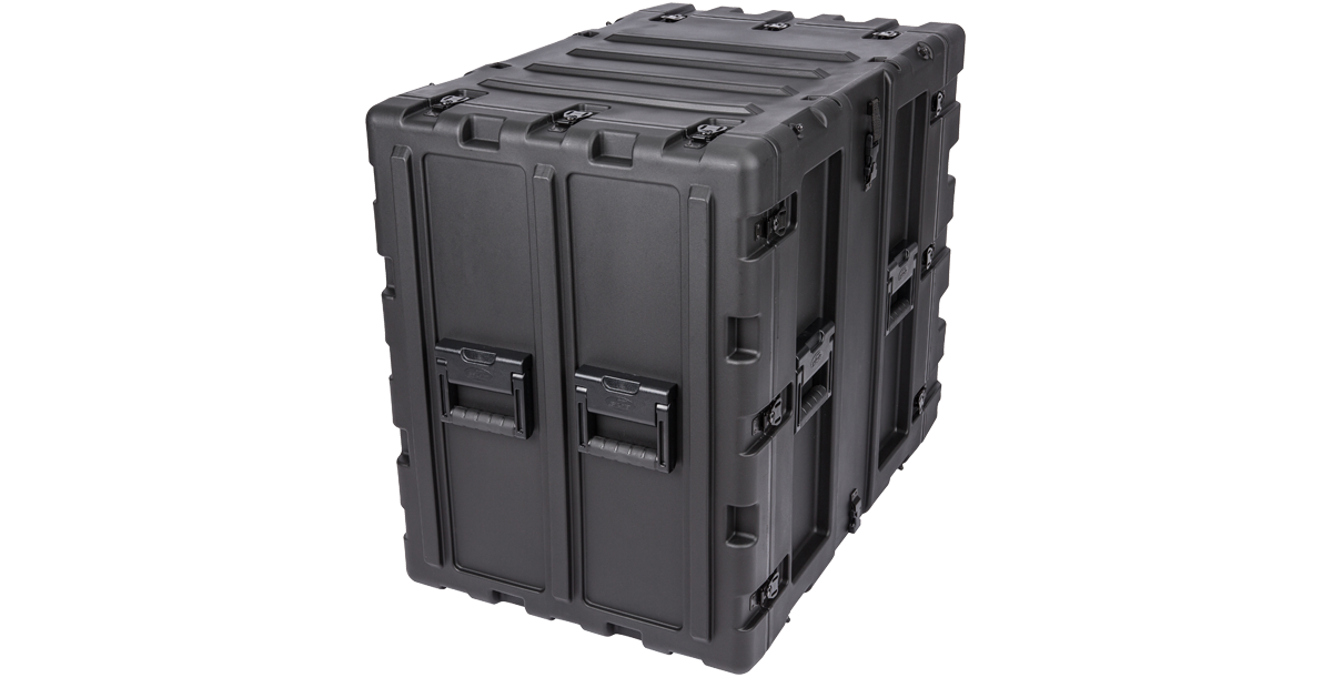 Rear-left angle of 24-Inch Shockproof Rack Case for Electronics, displaying heavy-duty latches and ergonomic carry handles.