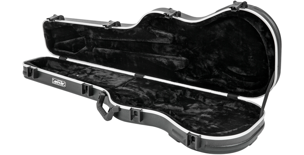 Side angle of open Precision Jazz Bass Case - TSA Lock Protection, emphasizing plush interior and contoured support for bass guitars.