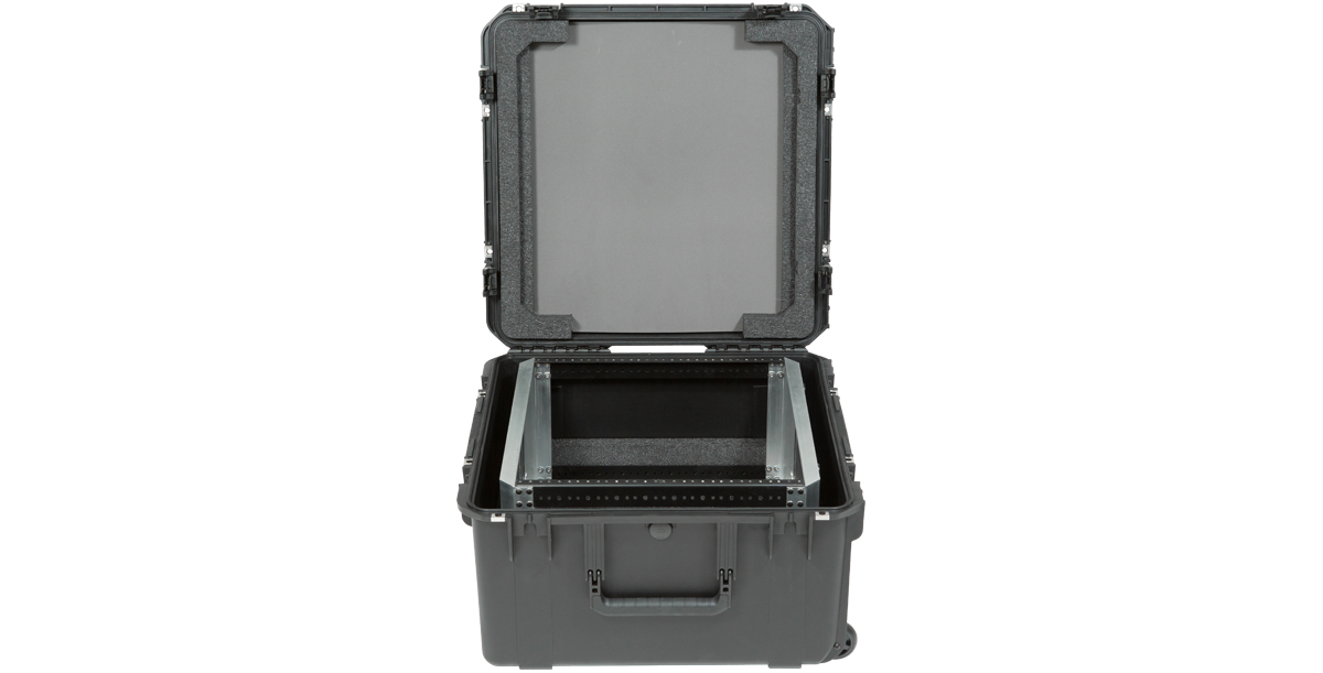 10U Shock Rack iSeries Fly Rack with lid open, revealing internal rack structure and foam padding for electronics protection.