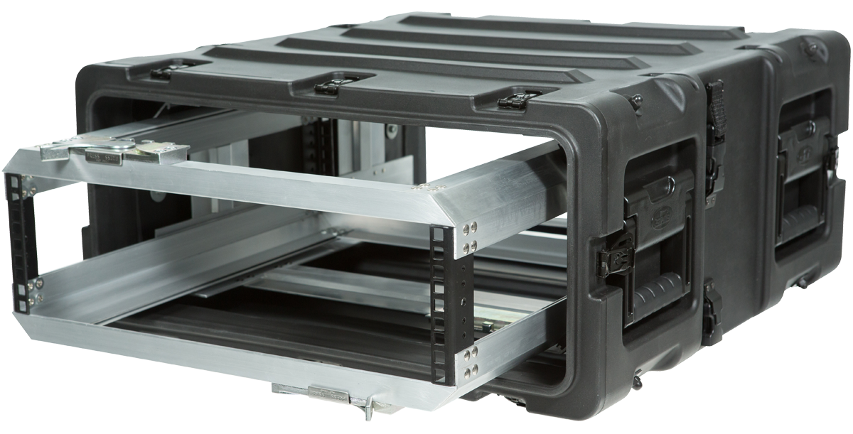 Angled view of 20 Inch Shock Rack - 3U RR Series with extended internal rack, ideal for pro audio and IT equipment setup.