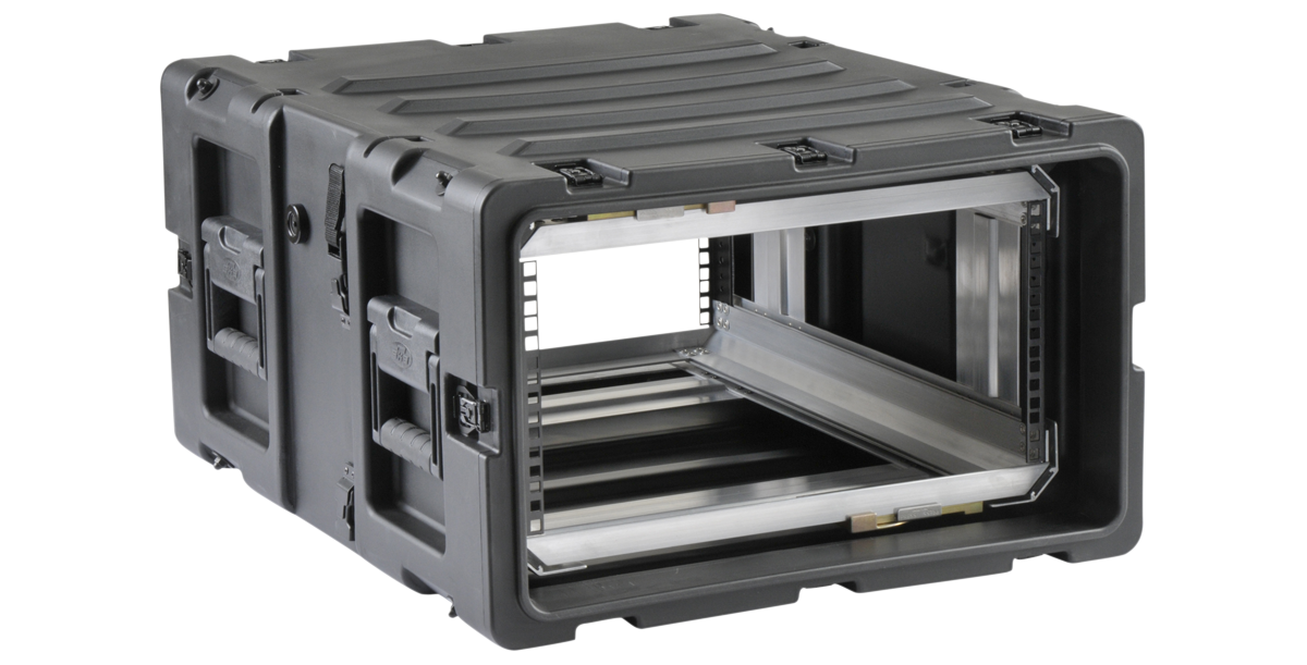 Side view of open 24-inch Deep Shock Rack Case displaying internal shock-mounted frame ideal for protecting electronics during transit.