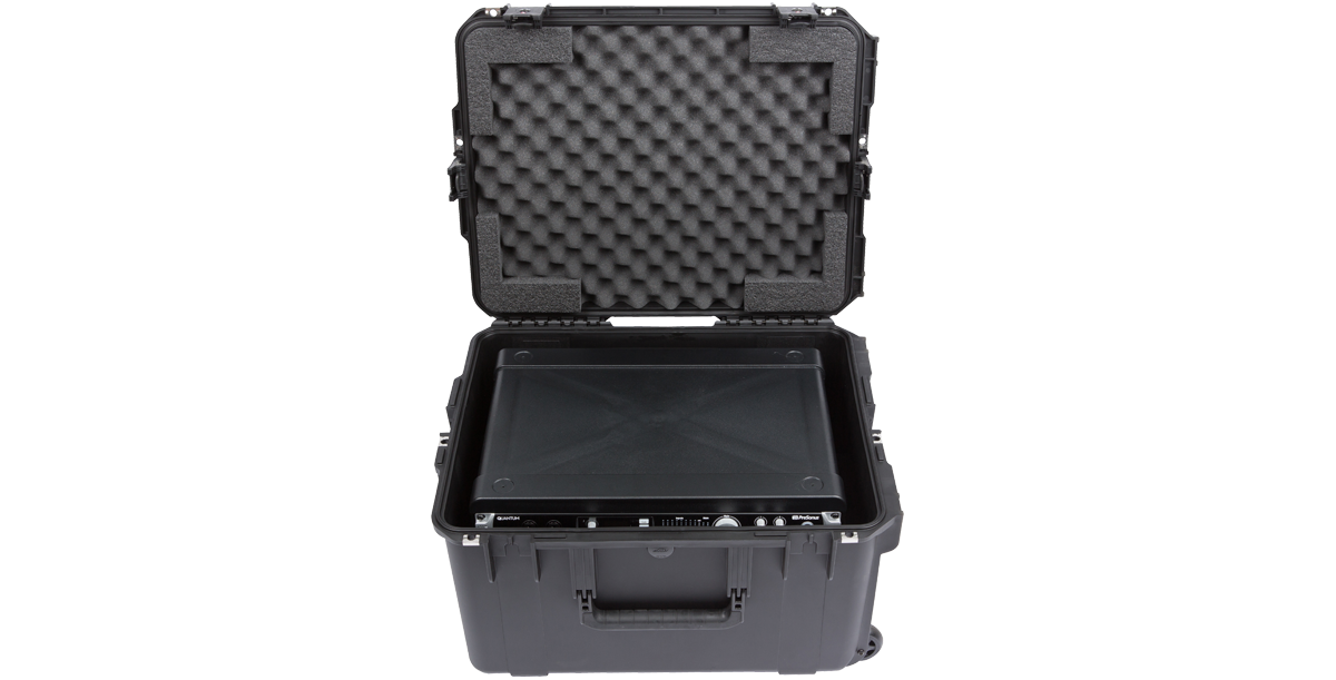 Open iSeries Fly Racks waterproof case showing foam-lined interior and removable shock rack, ideal for secure audio gear transport.