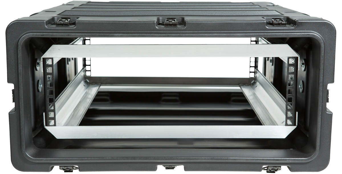 Close-up front view of 24-Inch Deep Shock Rack Case showing internal shock-mounted aluminum frame for secure mounting.