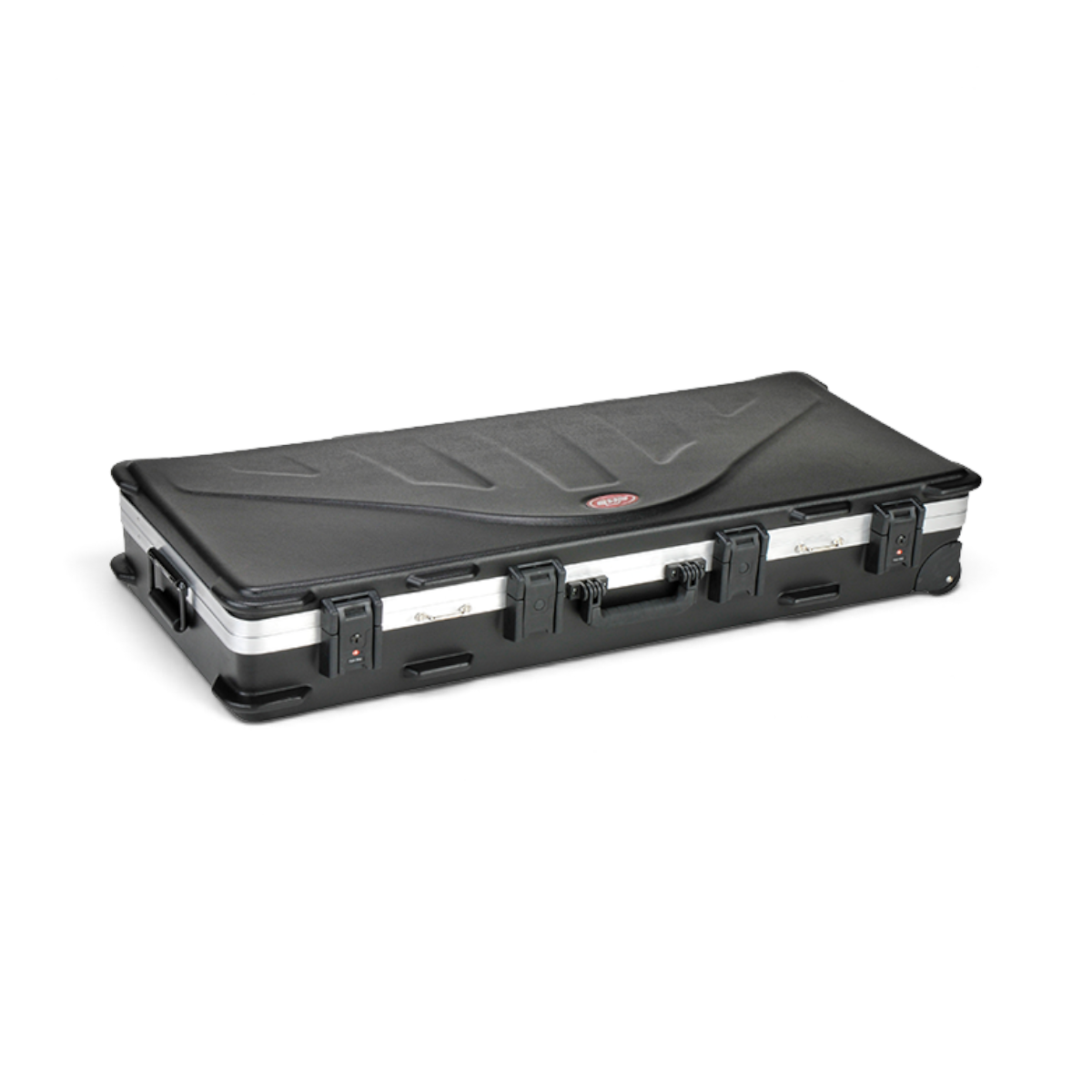 SKB Cases ATA double bow case in black, featuring heavy-duty locking latches and wheels for secure airline travel.