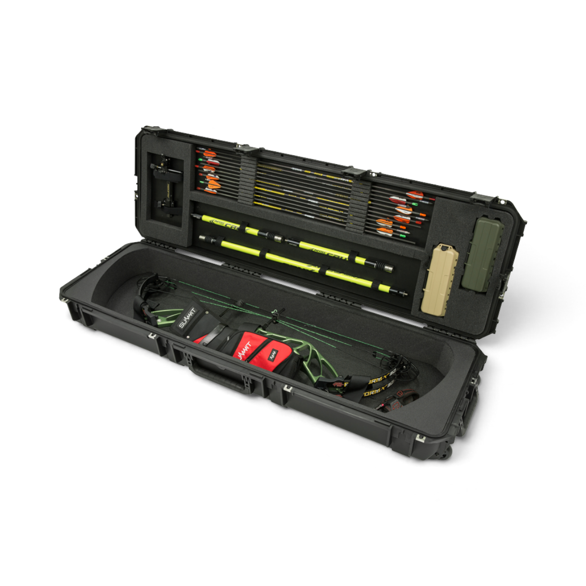 SKB Cases iSeries 5014-6 waterproof bow case with Hoyt bow, arrows, and accessories stored in custom foam interior.