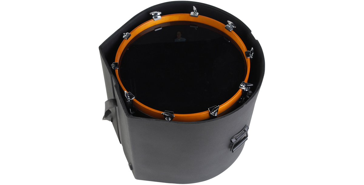 16x20 Roto-molded bass drum case with drum inside, highlighting snug fit and protective interior padding for safe transport.