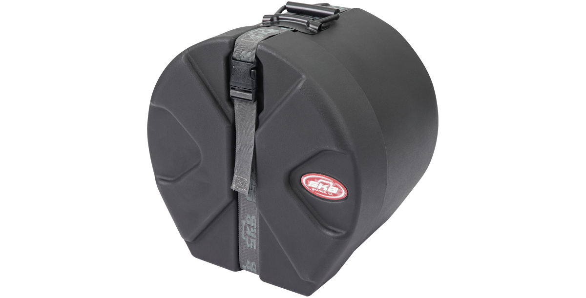 Angled view of SKB Drum Package case featuring molded exterior and heavy-duty strap for secure tom drum transport.