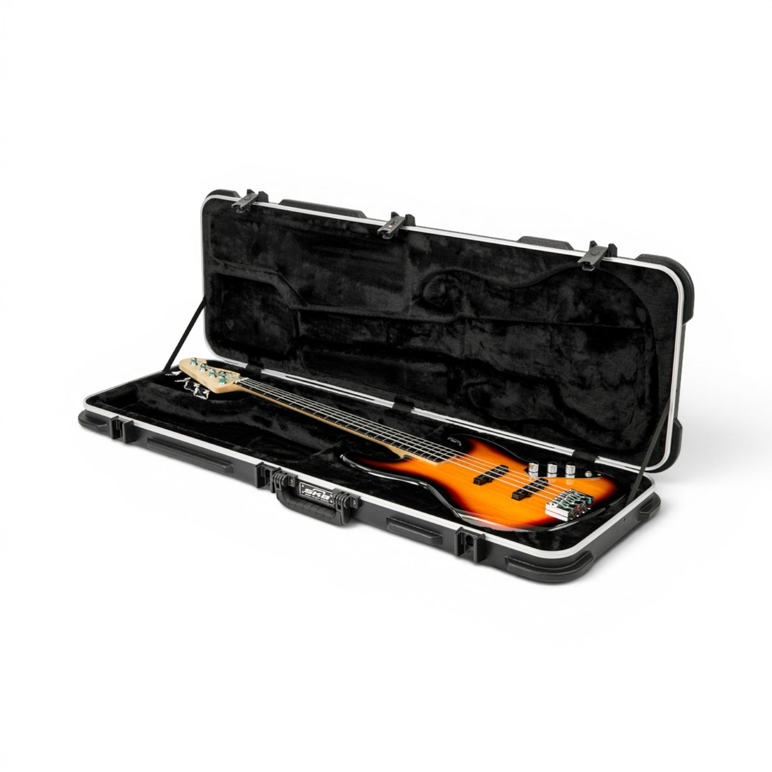 Universal Electric Bass Case with TSA locks and soft black interior, shown open with a bass guitar fitted snugly inside.