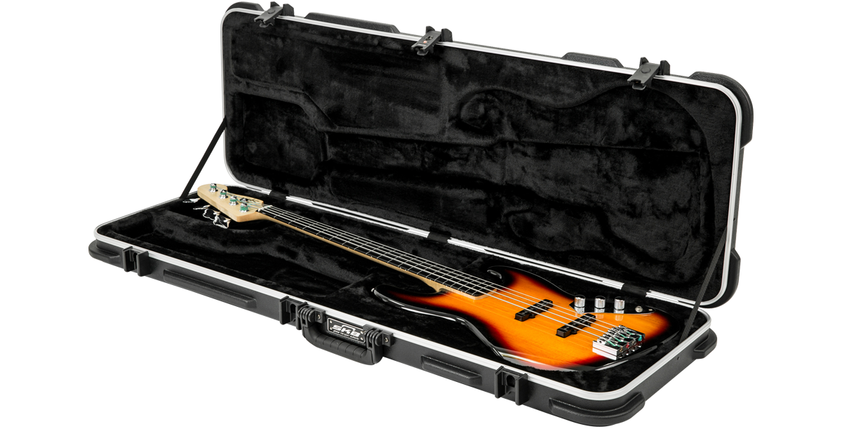 Universal Electric Bass Case with TSA locks and soft black interior, shown open with a bass guitar fitted snugly inside.