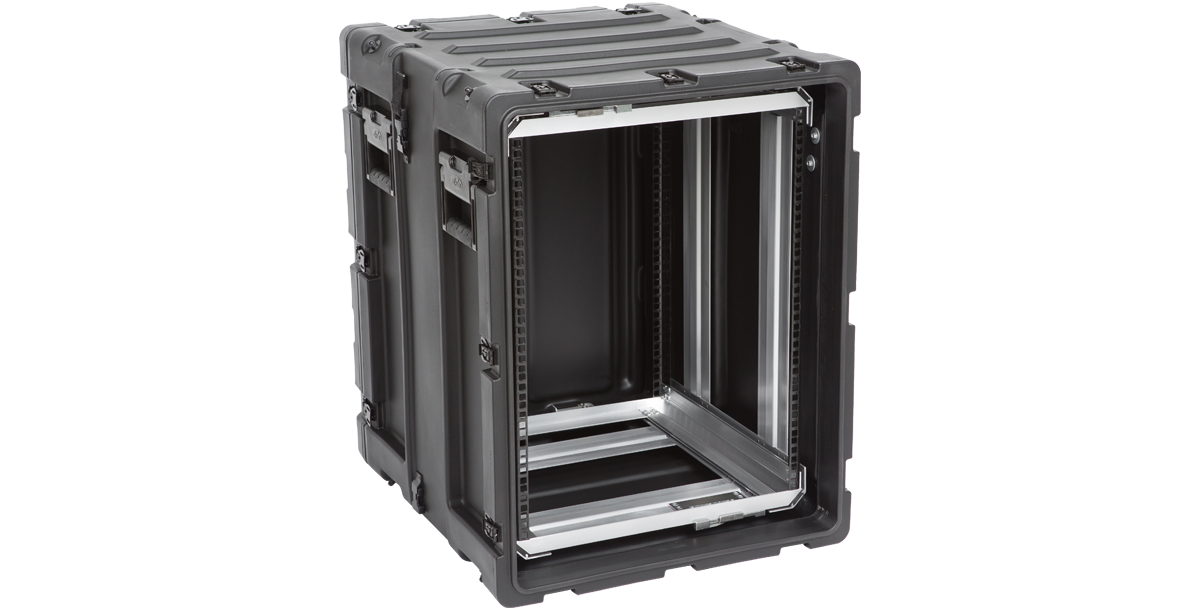 Left-side angled view of 14U Shock Rack Case - 20-inch Shock Rack showing shockproof interior and reinforced case edges for maximum durability.