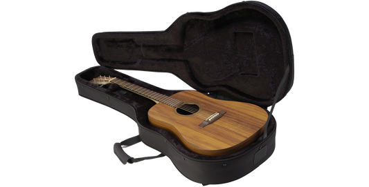 Acoustic Guitar Soft Case with plush interior and foam padding, shown open with a dreadnought guitar inside for secure fit and protection.