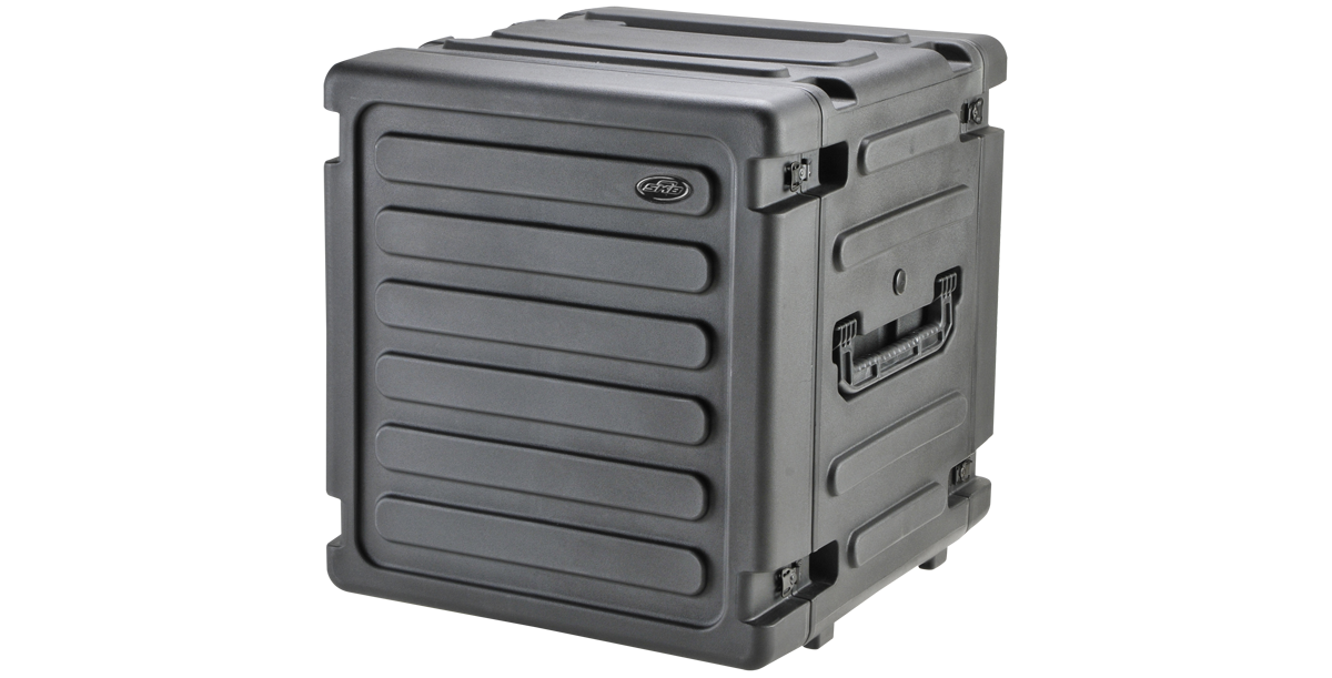 Angled side view of 20-Inch Rolling Shock Rack featuring molded handles and black powder coated latches for easy transport.