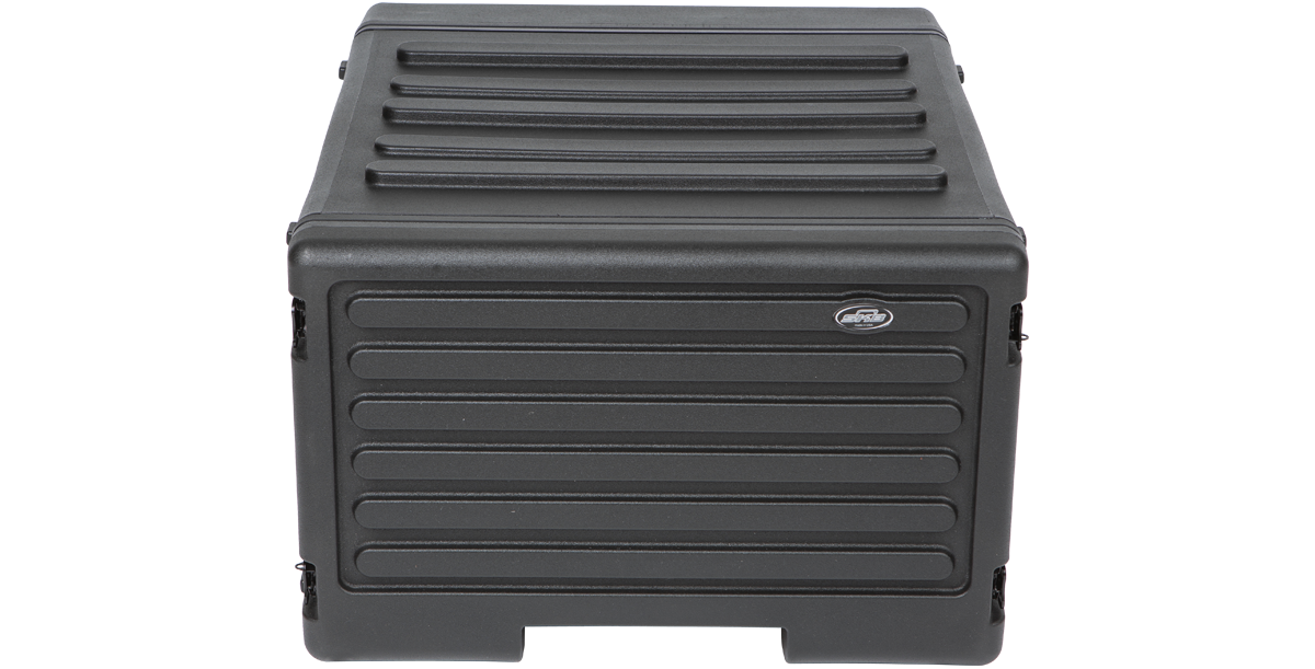 Back view of SKB 6U Rolling Rack with sealed panel and rugged roto-molded design for maximum protection.