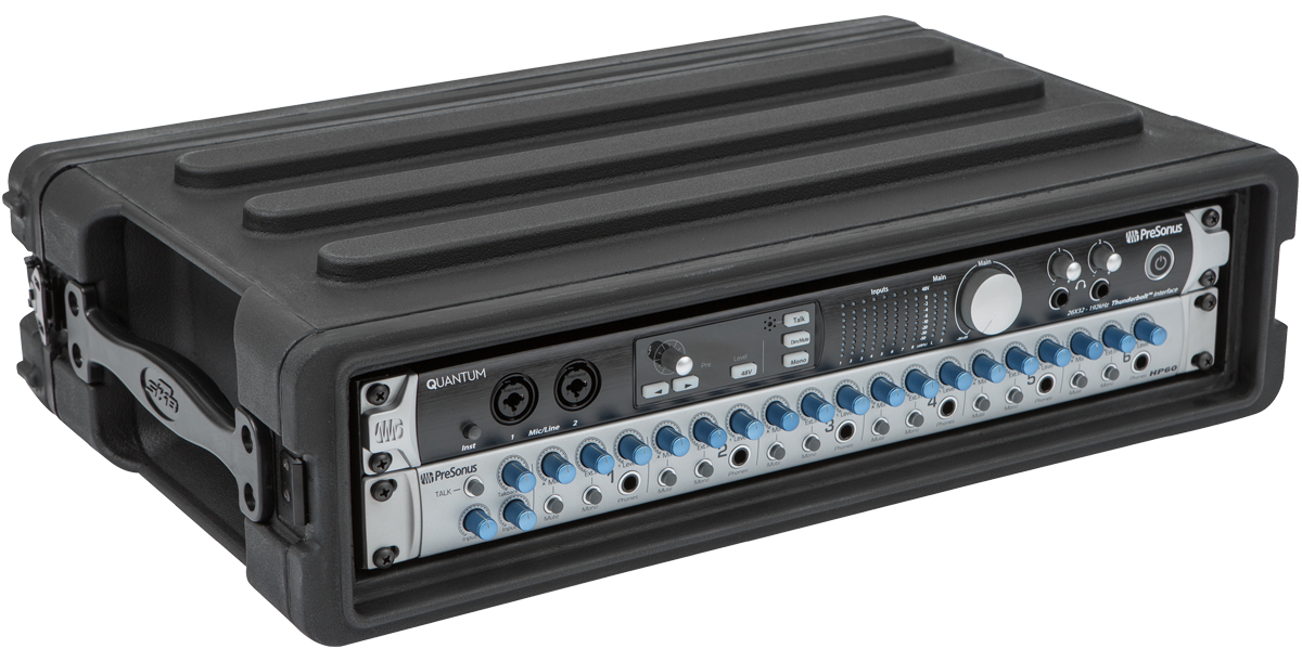 Right-side view of 2U rSeries SKB Shallow Rack - Strong & Durable with audio equipment installed, ideal for portable rack-mount setups.