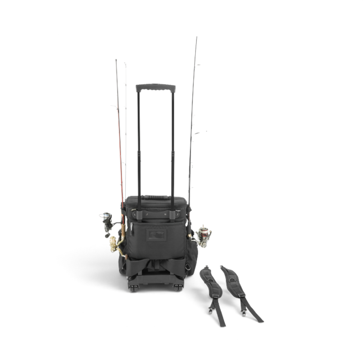 SKB Cases Tak-Pak black fishing tackle backpack with wheels, retractable handle, and removable shoulder straps.