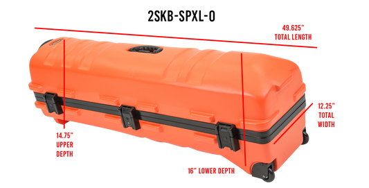 ATA Staff Pro XL Golf Travel Case with Wheels shown with dimensions: 49.625" length, 12.25" width, and 16" lower depth for golf club storage.