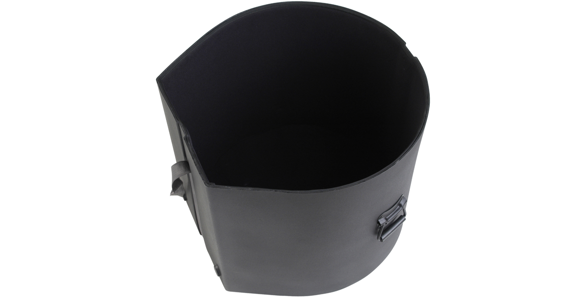 Top-down view of open 16x20 Roto-molded bass drum case showing spacious padded interior for secure drum storage.