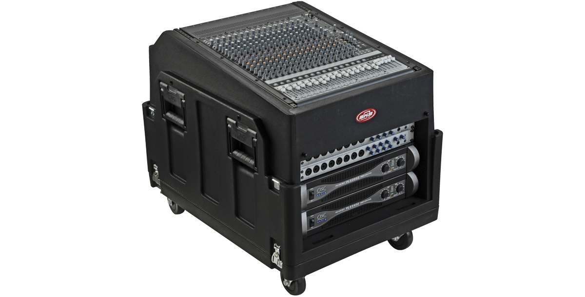 Mighty GigRig Rolling Rack System with 14U steel rails, top mixer mount, and front rack gear, ideal for pro audio setups and field use.