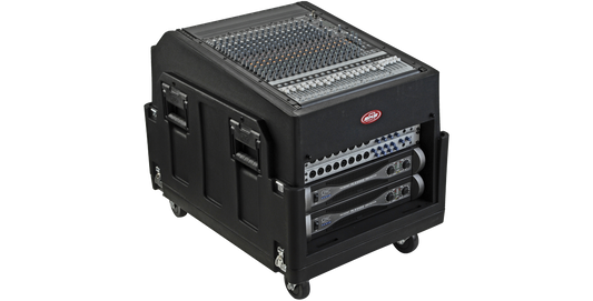 Mighty GigRig Rolling Rack System with 14U steel rails, top mixer mount, and front rack gear, ideal for pro audio setups and field use.