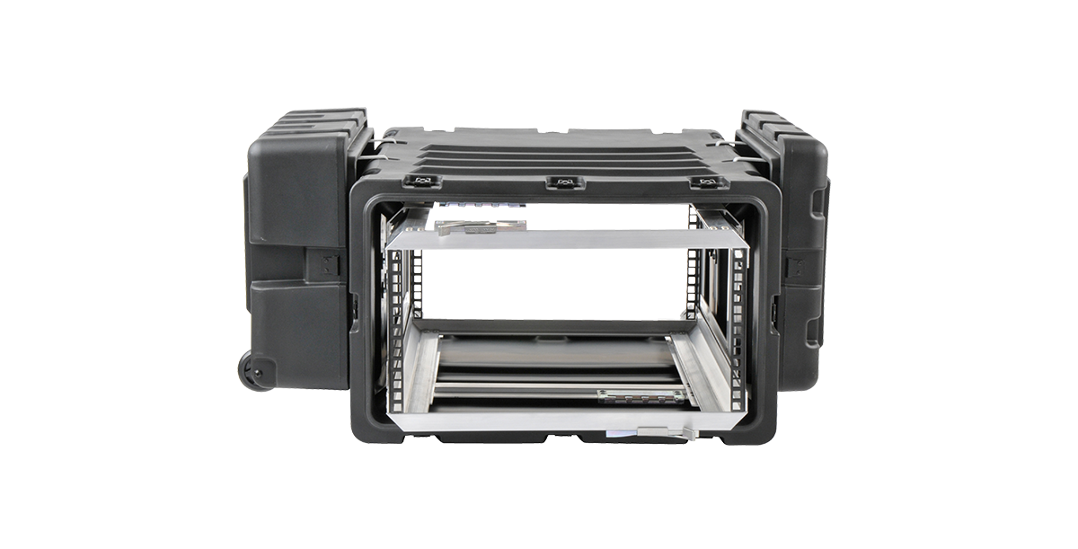 Front view of 5U 30-inch rack showing shock-absorbing frame and lightweight, watertight construction for pro audio and gear protection.