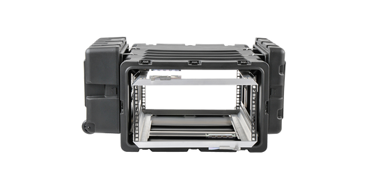 Front view of 5U 30-inch rack showing shock-absorbing frame and lightweight, watertight construction for pro audio and gear protection.