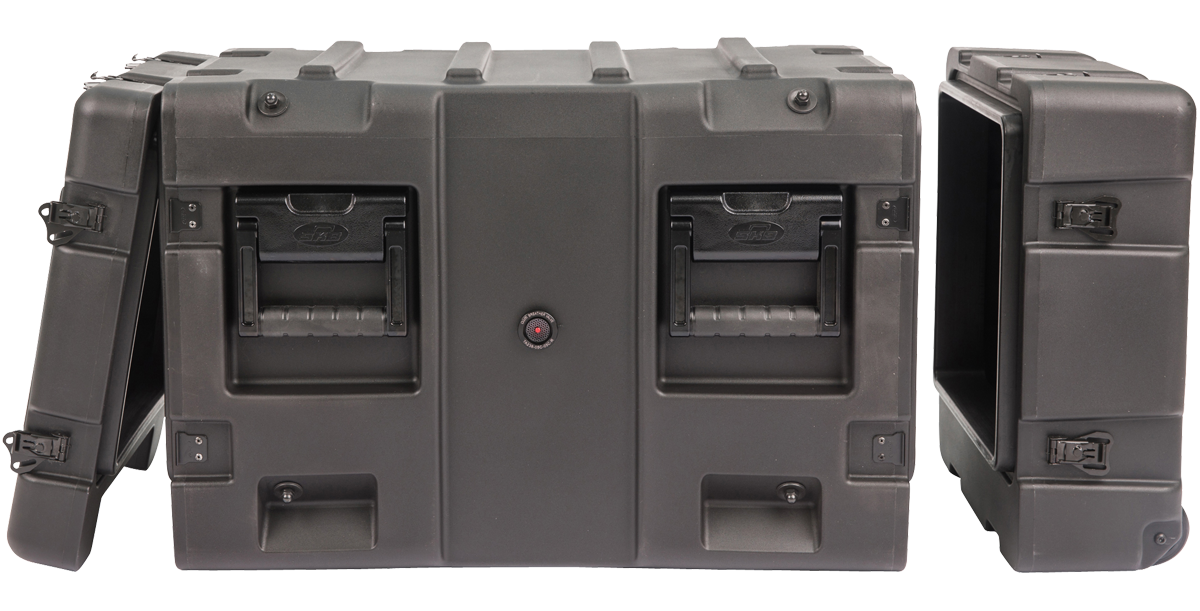 20-inch Shock Rack Case by SKB with side view and detached lids, emphasizing easy access and rugged construction.