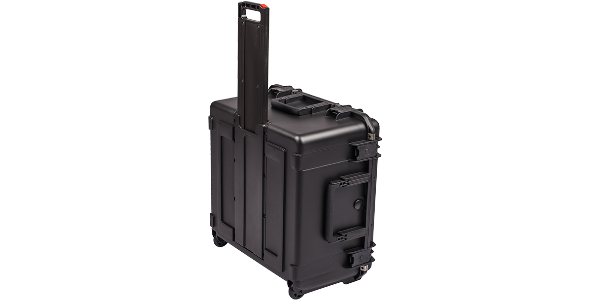 iSeries Waterproof Case with extended pull handle and wheels, designed for convenient transport of vacuum accessory kits.