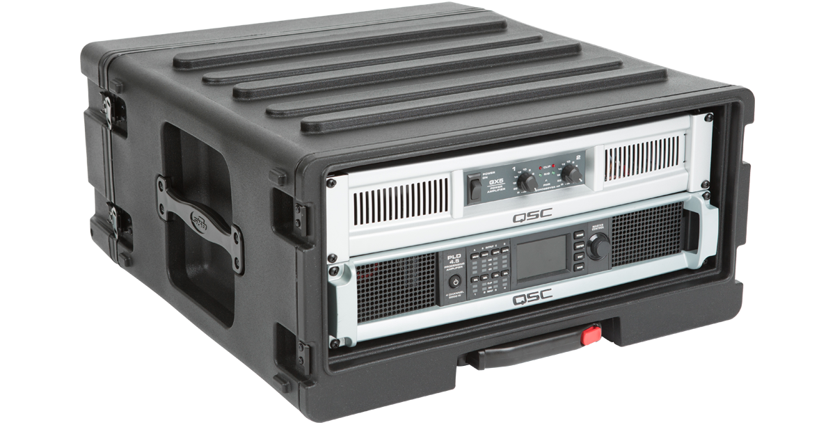 Front view of the SKB 4U Roto Rolling Rack loaded with audio equipment, showcasing its rack-mount compatibility and durable build.