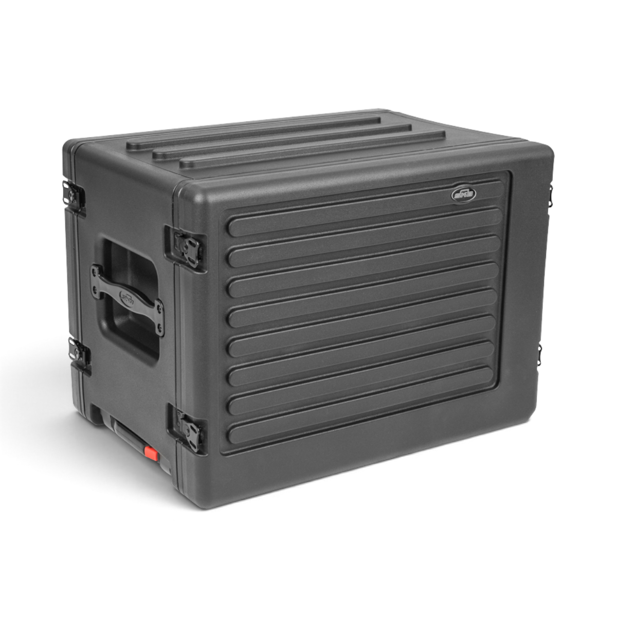 SKB Cases 8U rSeries shallow rolling rack in black roto-molded polyethylene with recessed latches and side handles.