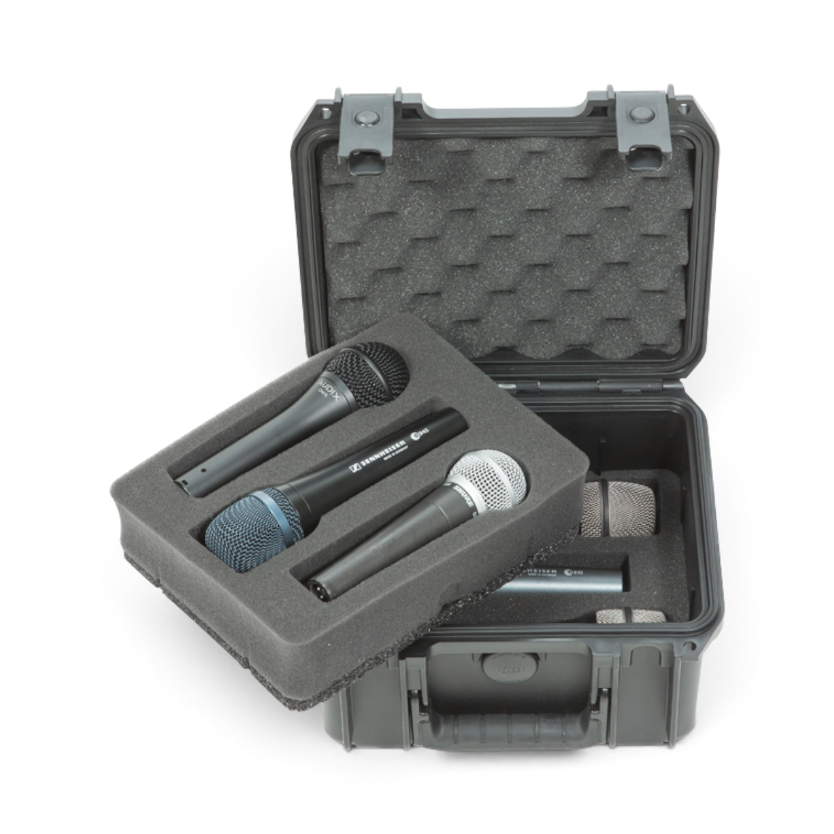 SKB Cases iSeries waterproof microphone case with two-layer foam interior holding six handheld microphones