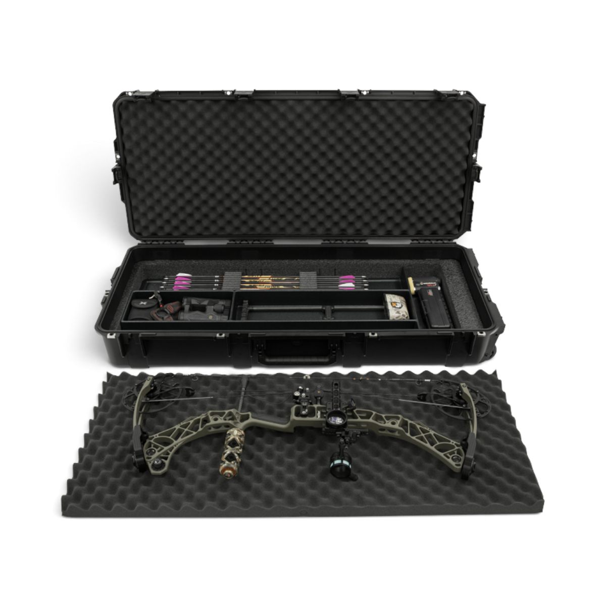 SKB Cases iSeries waterproof bow case with foam interior, accessory tray, and compound bow on a foam insert