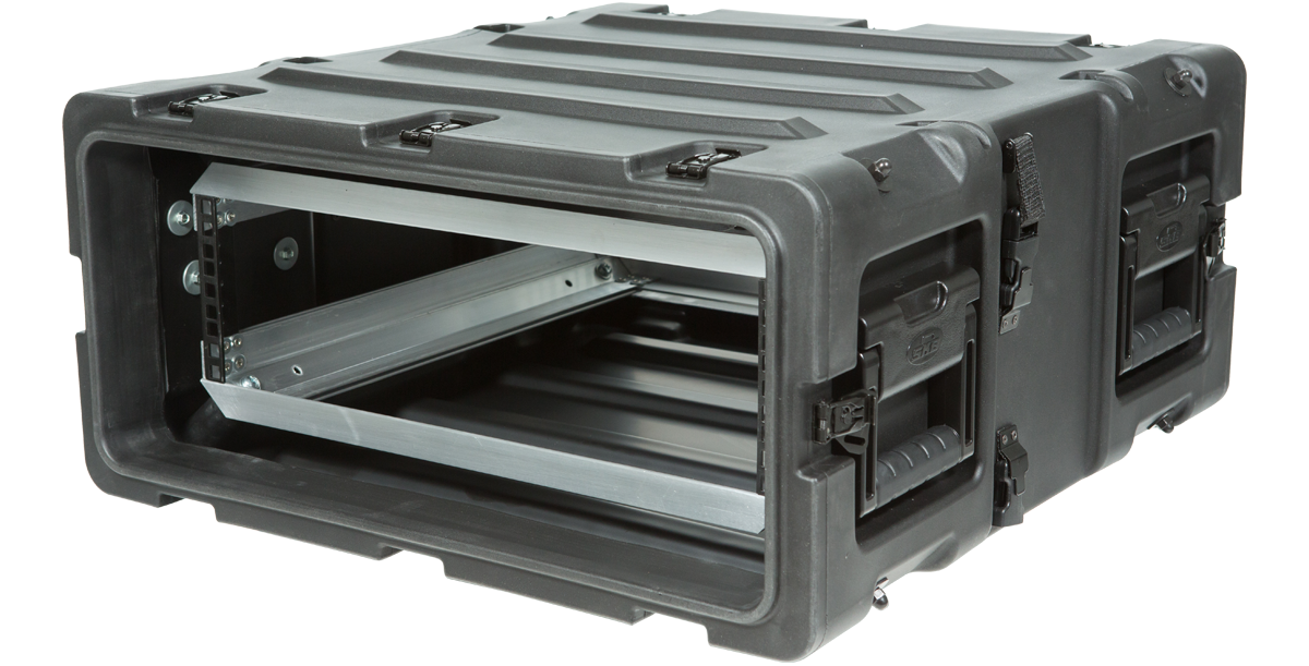 Angled side view of 20 inch shockproof rack for electronics, featuring reinforced corners and secure latches for maximum protection.
