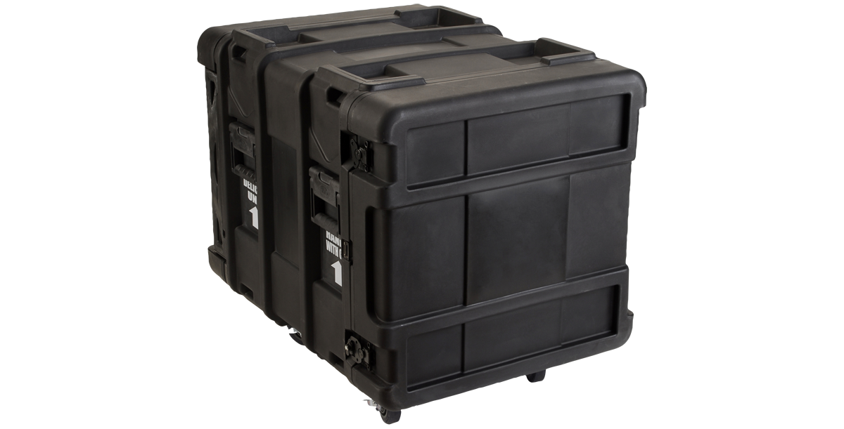 Rear angled view of 24-Inch Shock Rack Case featuring rugged black exterior and molded handles for heavy-duty equipment protection and mobility.