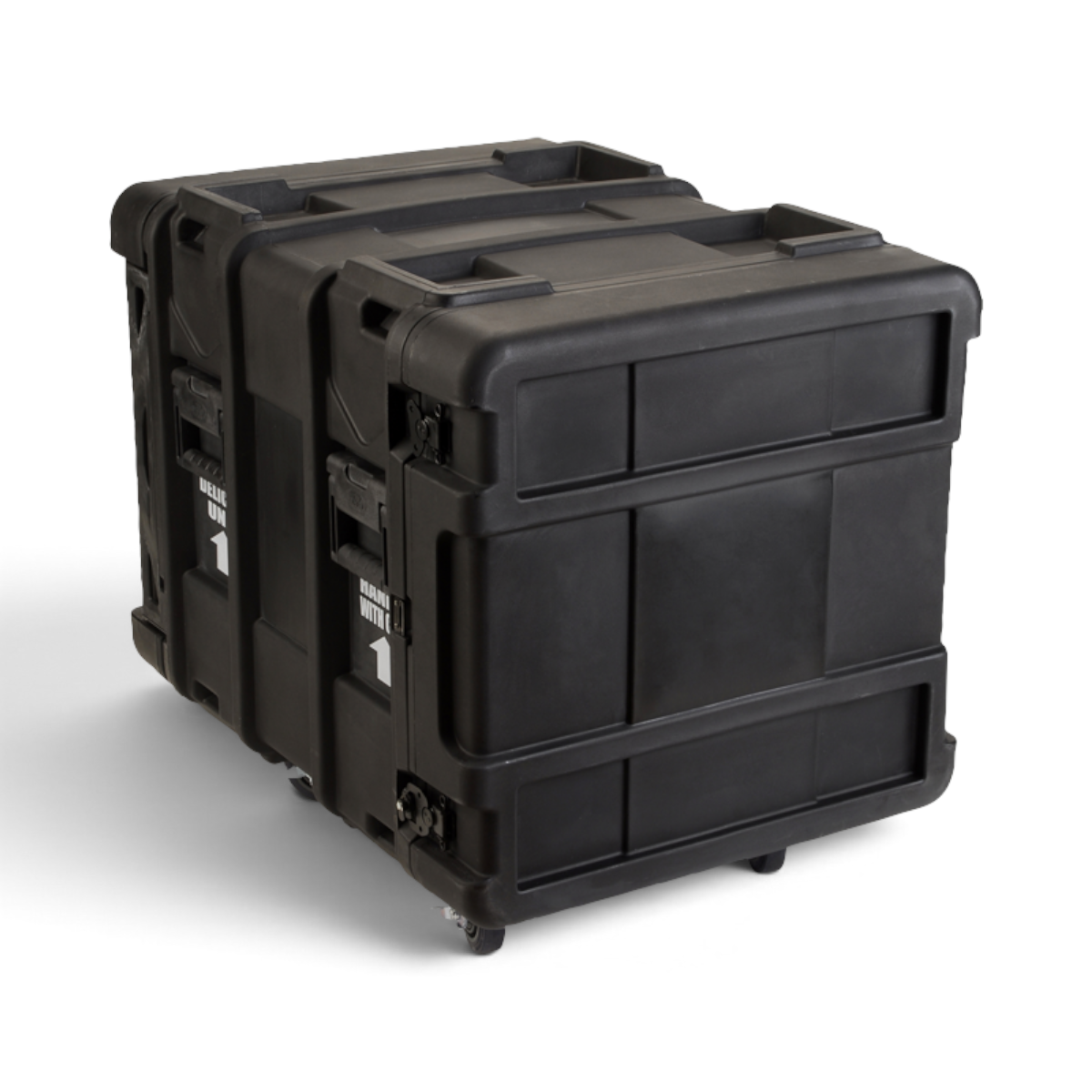 Rear angled view of 24-Inch Shock Rack Case featuring rugged black exterior and molded handles for heavy-duty equipment protection and mobility.