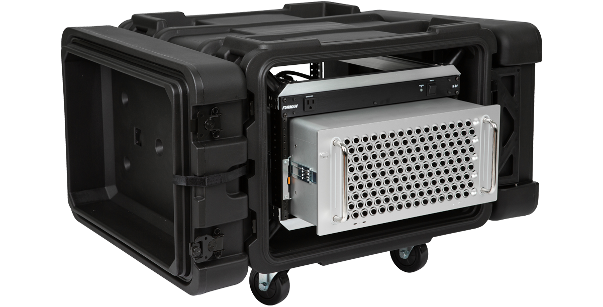 6U 24-inch rSeries Shock Rack loaded with IT equipment, showcasing shock-absorbing frame and rugged case for secure mobile server transport.