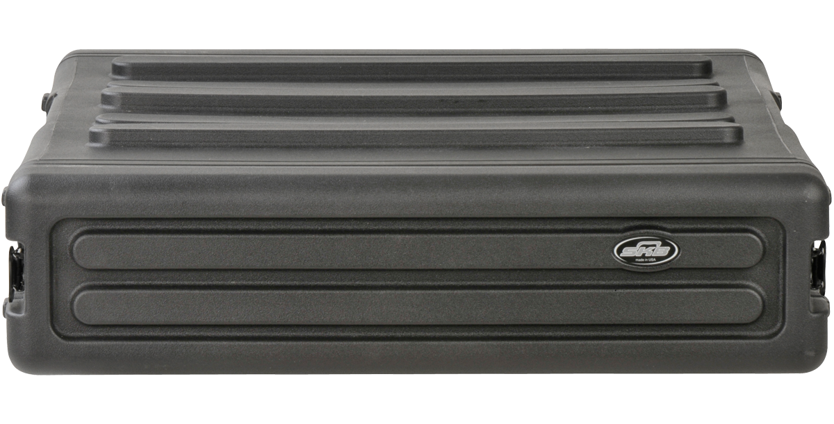 Rear view of 2U SKB Standard Roto Rack in closed position, showing water-resistant panel and molded logo for secure storage and transport.