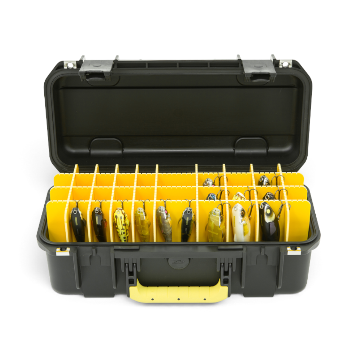 SKB Cases iSeries 1706-6 waterproof lure case with black exterior and yellow interior dividers holding fishing lures.
