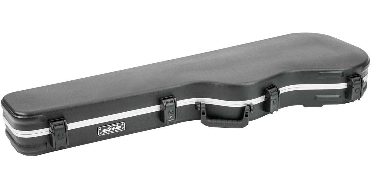 Flat view of closed Precision Jazz Bass Case with TSA Lock, highlighting compact design and durable molded construction for bass guitars.