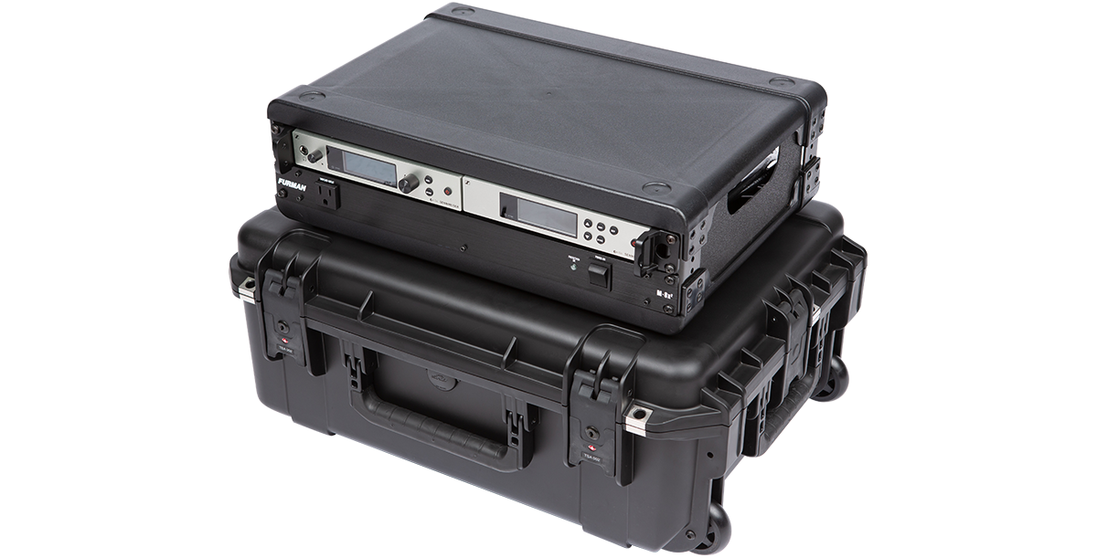 Angled view of SKB 2U iSeries Fly Rack with mounted equipment, showcasing durable, travel-ready injection molded case.