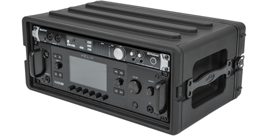 Angled view of 4U Shallow Rack Case - Durable Equipment Storage featuring Line 6 Helix and PreSonus Quantum for portable audio setups.